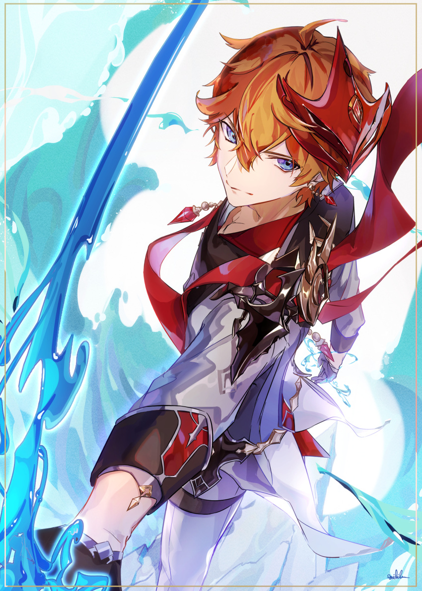 1boy, absurdres, bangs, black_gloves, blue_eyes, closed_mouth, commentary_request, earrings