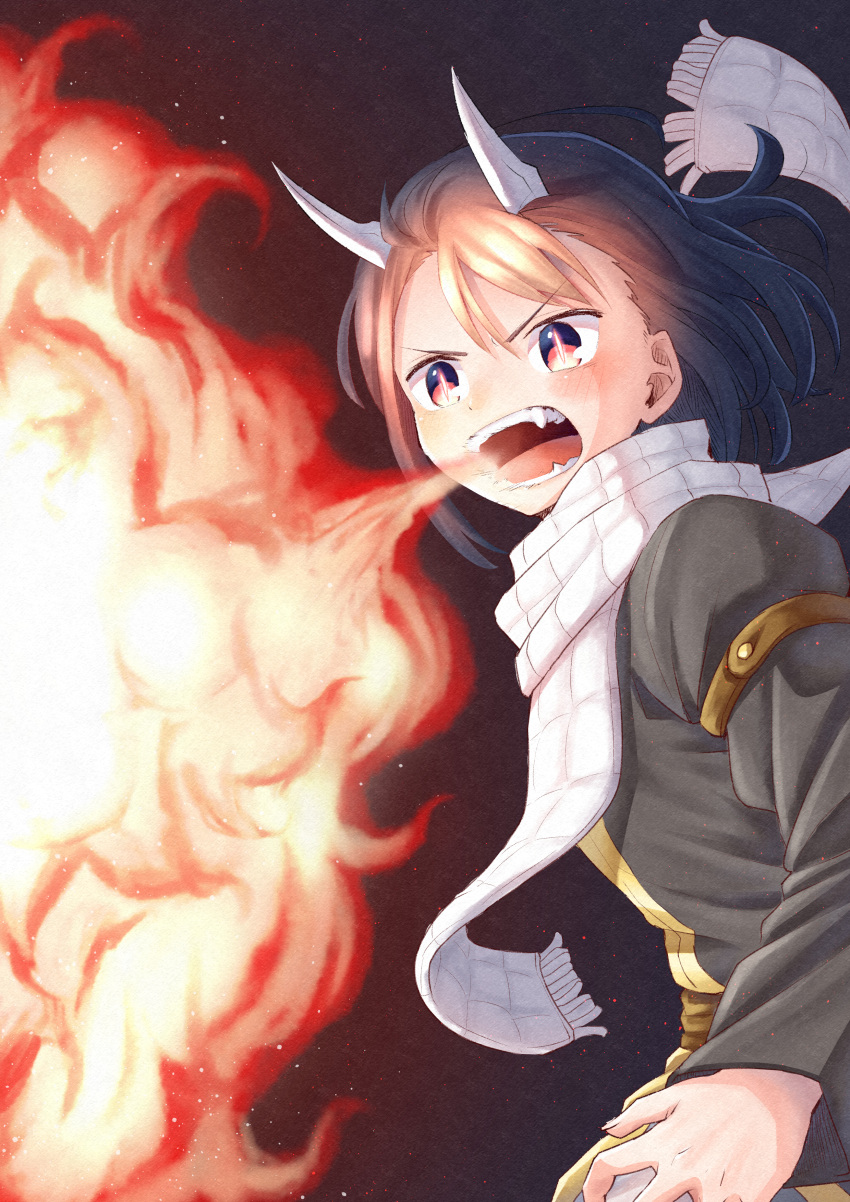 1girl, :o, absurdres, aoki_ruri, arm_strap, asymmetrical_bangs, bangs, black_jacket, blue_eyes, blush, breathing_fire, bright_pupils, commentary_request, cosplay, daichi_(hayate1328), dark_blue_hair, dragon_girl, dragon_horns, embers, fairy_tail, fangs, fire, gold_trim, highres, horns, jacket, long_sleeves, medium_hair, multicolored_eyes, natsu_dragneel, natsu_dragneel_(cosplay), open_mouth, pink_eyes, ruri_dragon, scarf, slit_pupils, solo, teeth, v-shaped_eyebrows, white_pupils, white_scarf