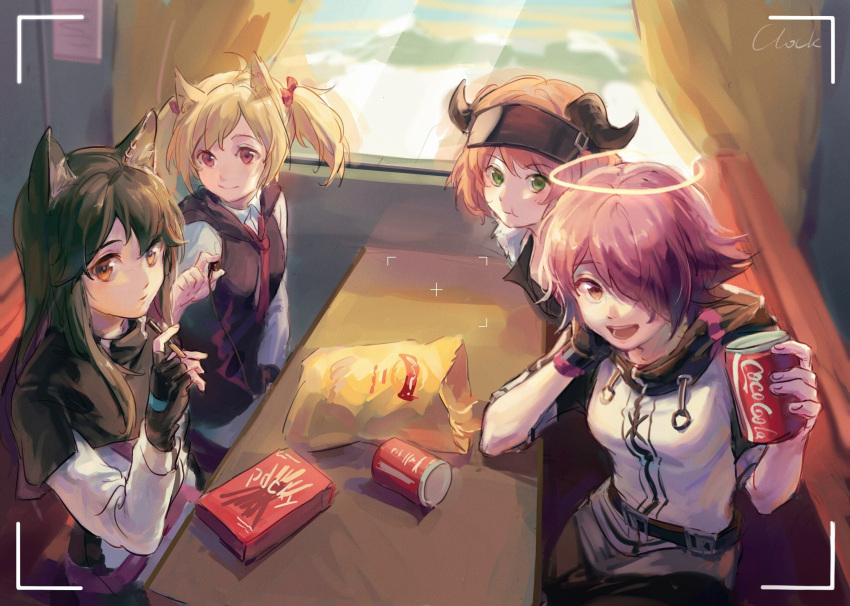 4girls, animal_ears, arknights, black_gloves, black_hair, black_vest, blonde_hair, booth_seating
