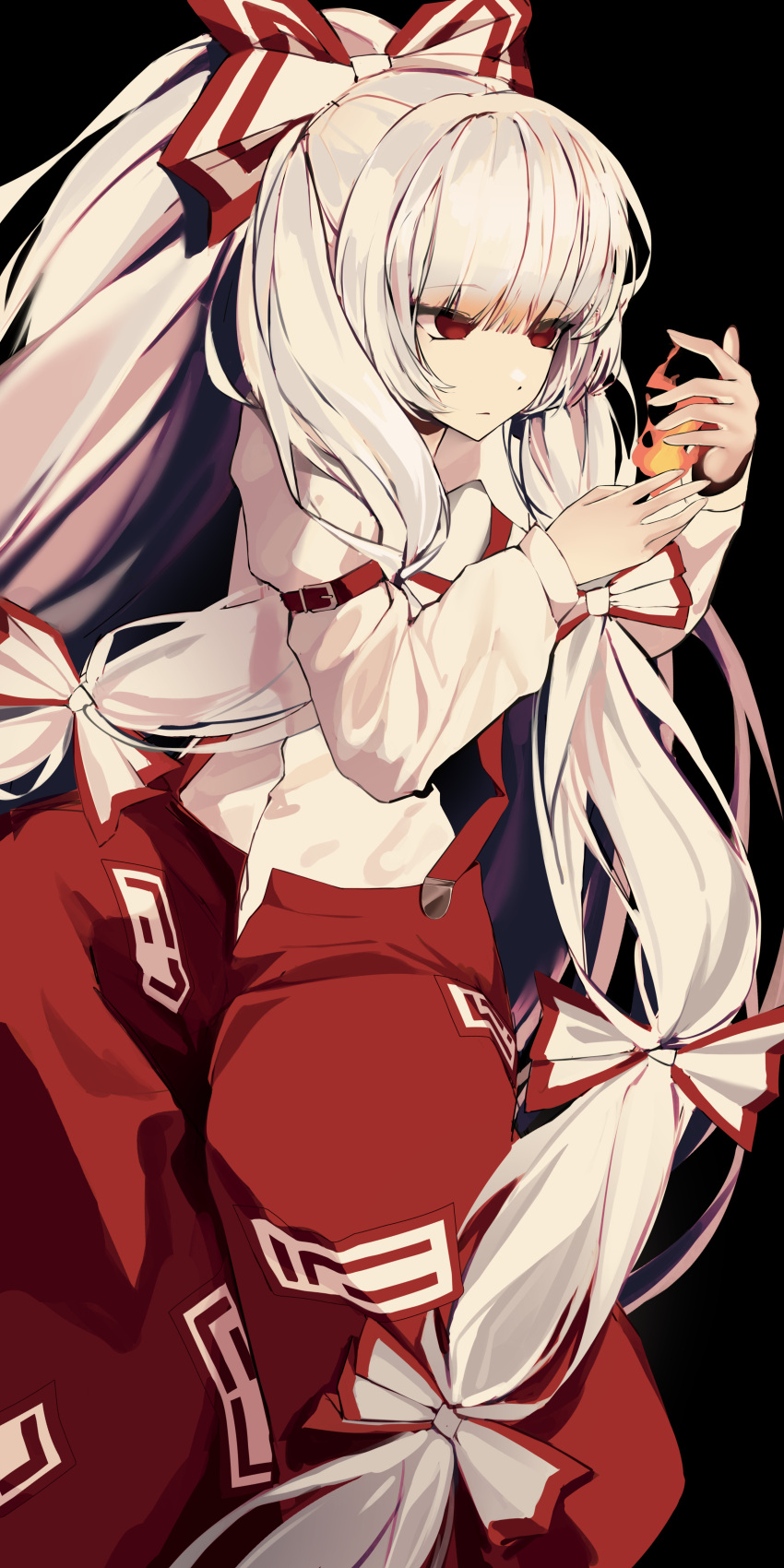 1girl, absurdres, arm_belt, baggy_pants, belt_buckle, black_background, bow, buckle