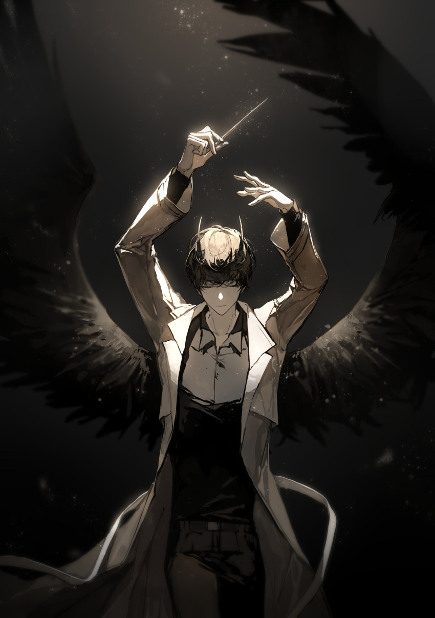 1boy, arms_up, baton_(conducting), black_hair, black_horns, black_shirt, black_wings, closed_eyes