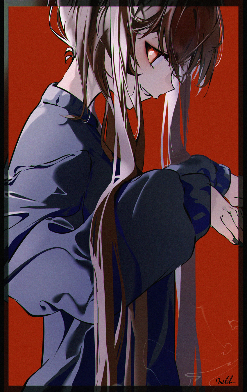 1girl, absurdres, bangs, black_nails, border, flower-shaped_pupils, from_side, genshin_impact