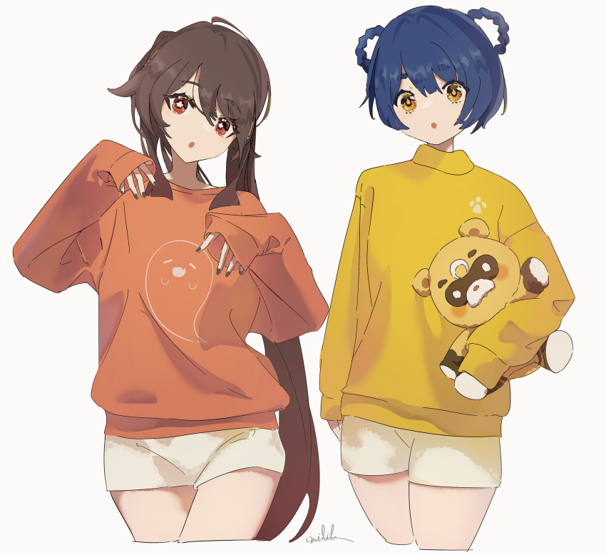 2girls, :o, absurdres, alternate_costume, bangs, black_nails, blue_hair, brown_hair