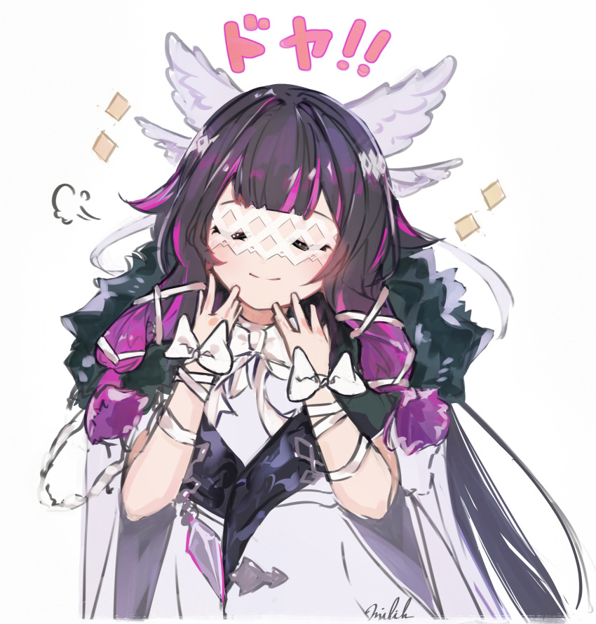 1girl, =3, absurdres, bangs, black_hair, blush, bow, closed_eyes
