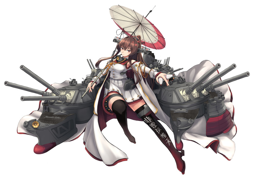 1girl, absurdres, asymmetrical_footwear, black_footwear, boots, breasts, brown_eyes, brown_hair, cannon, cherry_blossoms, clothes_writing, clothing_cutout, coat, coat_on_shoulders, collar, flower, gradient_footwear, hair_flower, hair_intakes, hair_ornament, headgear, highres, holding, holding_shell, kantai_collection, knee_boots, large_breasts, long_coat, long_hair, long_sleeves, metal_collar, multicolored_umbrella, oil-paper_umbrella, pleated_skirt, ponytail, red_footwear, red_umbrella, rekka_yamato, rigging, sakuramon, shell, shoulder_cutout, sidelocks, single_knee_boot, single_thigh_boot, skirt, sleeveless_coat, smokestack, solo, thigh_boots, thigh_strap, turret, umbrella, white_coat, white_skirt, white_umbrella, yamato_(kancolle), yamato_kai_ni_(kancolle)