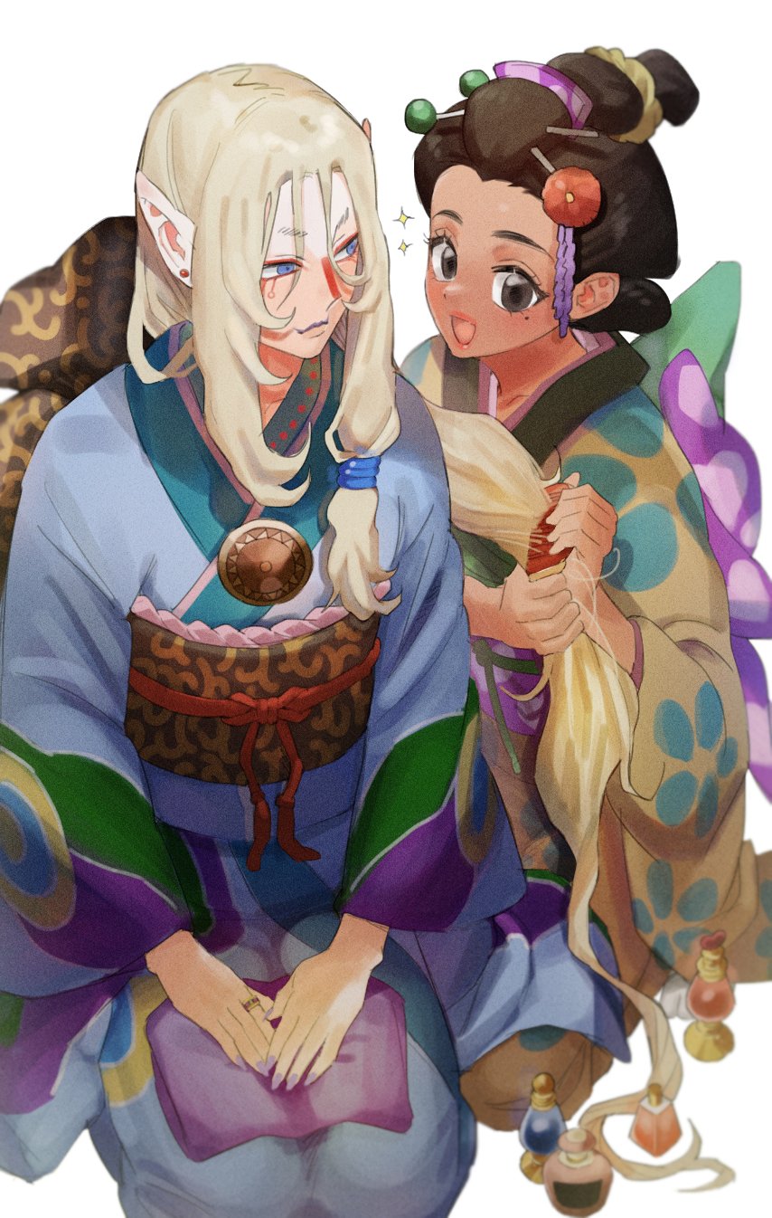 1boy, 1girl, :3, :d, androgynous, black_eyes, black_hair, blue_eyes