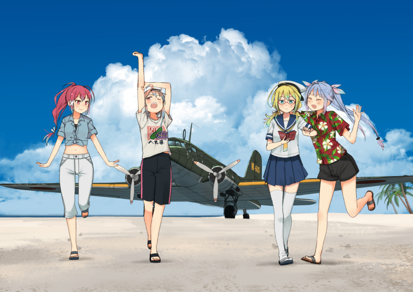 4girls, ahoge, aircraft, airplane, alternate_costume, annin_musou, arm_up, black_shorts
