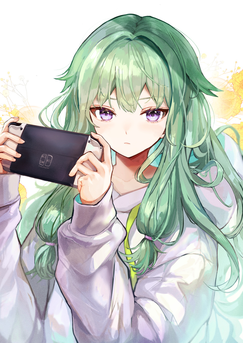 1girl, absurdres, bangs, closed_mouth, drawstring, floral_background, frown, game_console