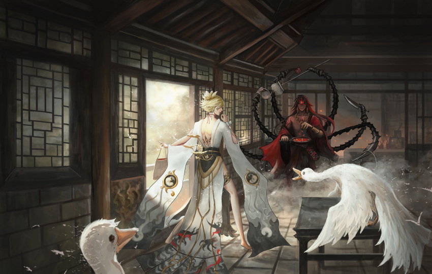 2boys, absurdres, architecture, asura_(onmyoji), bare_pectorals, bird, bishounen, black_hair, blonde_hair, dark_skin, earrings, east_asian_architecture, facial_mark, full_body, goose, highres, japanese_clothes, jewelry, lotus_hair_ornament, male_focus, multicolored_hair, multiple_boys, onmyoji, pectorals, reign, short_hair, taishakuten_(onmyoji), two-tone_hair