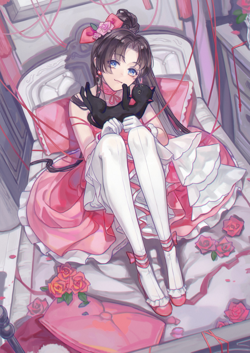 1girl, :3, anmaki, bangs, black_hair, blue_eyes, bow, cat