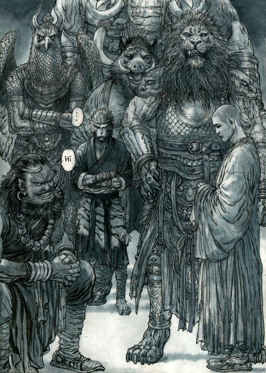 ..., 6+boys, arm_guards, armor, bald, bangle, barefoot, beads