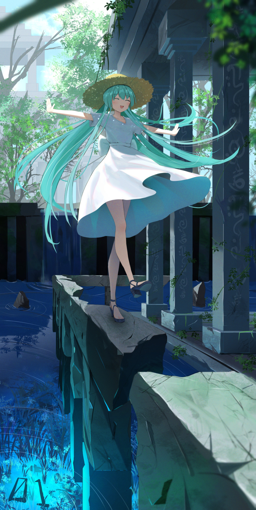 1girl, absurdres, aqua_hair, bangs, black_footwear, closed_eyes, dress, full_body
