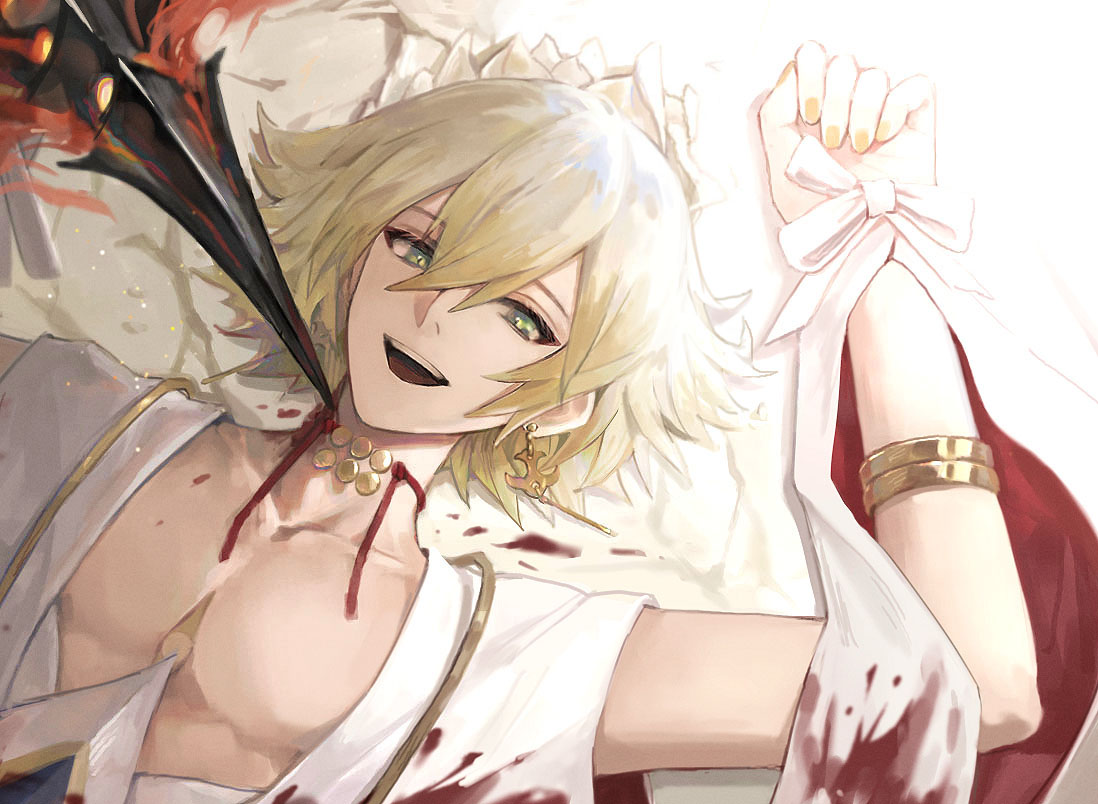 1boy, bare_pectorals, bishounen, bisque, blonde_hair, blood, blood_on_clothes, earrings