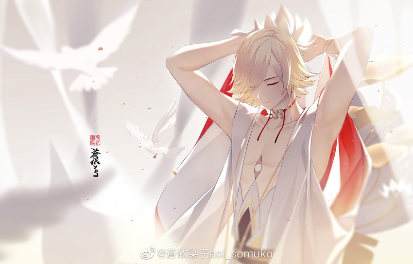 1boy, bare_pectorals, bishounen, blonde_hair, closed_eyes, flower, hand_up, japanese_clothes