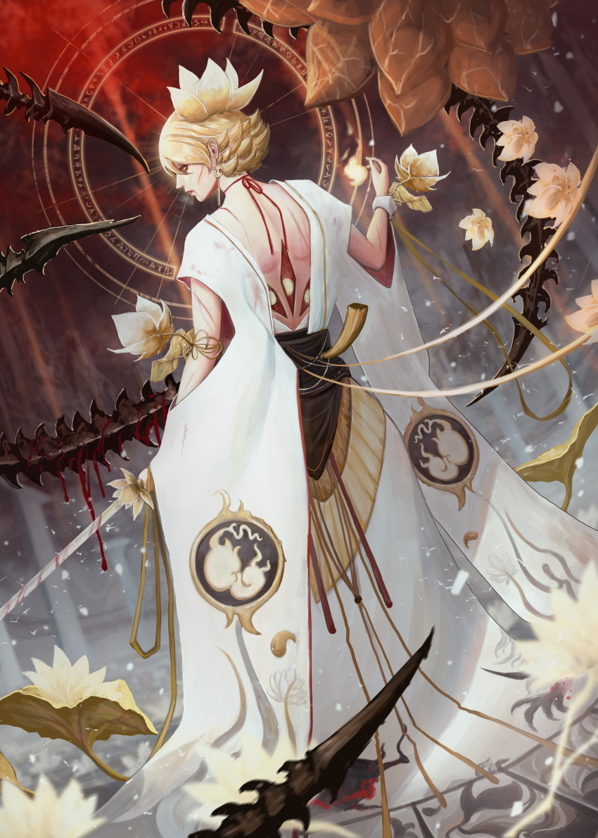 1boy, absurdres, back, bare_pectorals, bishounen, blonde_hair, blood, earrings, flower, highres, holding, holding_sword, holding_weapon, japanese_clothes, jewelry, lotus, male_focus, onmyoji, pectorals, reign, shikigami, short_hair, solo, sword, taishakuten_(onmyoji), weapon