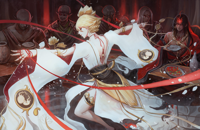 1boy, 2boys, absurdres, asura_(onmyoji), bare_pectorals, bishounen, black_hair, blonde_hair