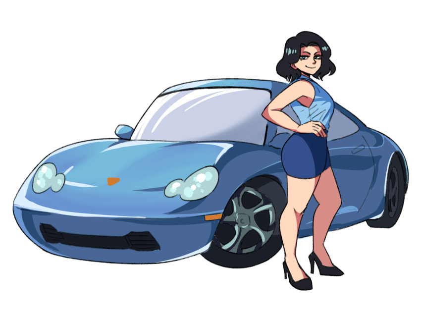 1girl, black_hair, blue_skirt, breasts, car, cars_(movie), full_body, green_eyes, ground_vehicle, high_heels, highres, medium_breasts, medium_hair, miniskirt, motor_vehicle, personification, sally_carrera, shirt, skirt, sleeveless, sleeveless_shirt, smile, solo, tina_fate