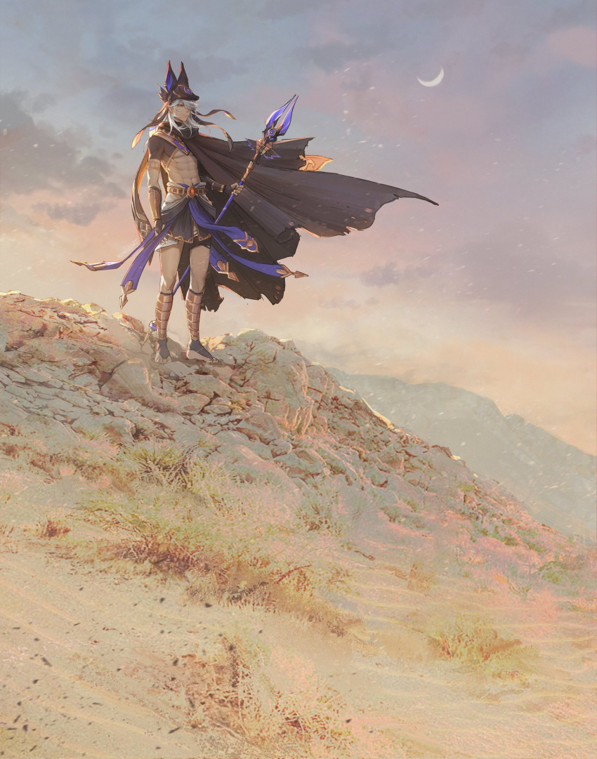 1boy, abs, animal_ears, arabian_clothes, bishounen, crescent, cyno_(genshin_impact), dark-skinned_male