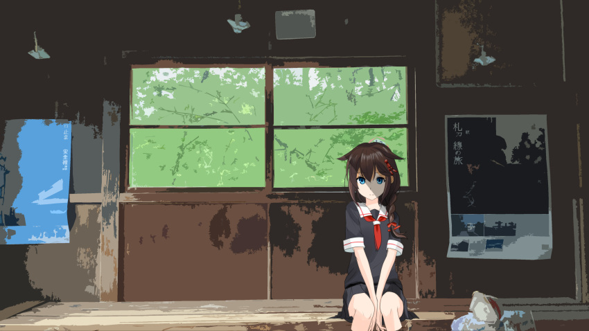 1girl, absurdres, ahoge, black_serafuku, black_shirt, black_skirt, blue_eyes, braid, brown_hair, building, hair_flaps, hair_ornament, hair_over_shoulder, highres, kantai_collection, mikagami_kagari, miniskirt, neckerchief, pleated_skirt, red_neckerchief, school_uniform, serafuku, shigure_(kancolle), shigure_kai_ni_(kancolle), shirt, short_sleeves, single_braid, sitting, skirt, solo, veranda