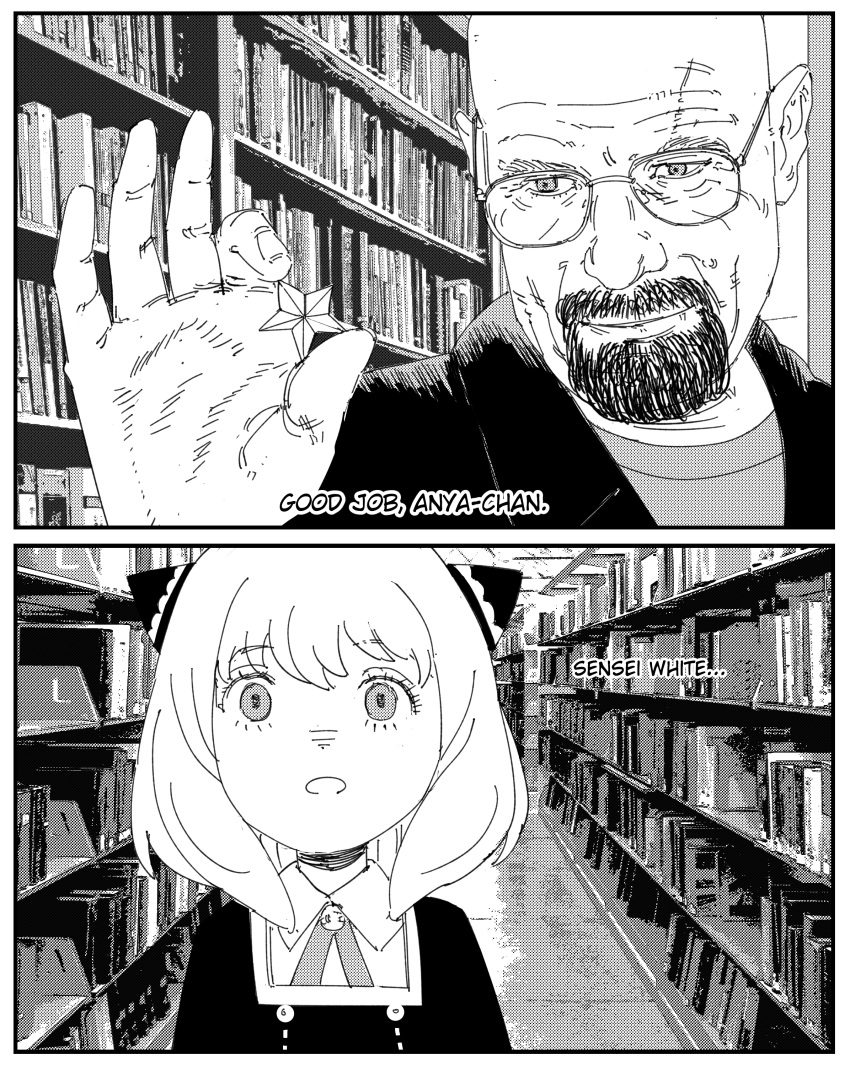 1boy, 1girl, absurdres, anya_(spy_x_family), bald, beard, breaking_bad, child