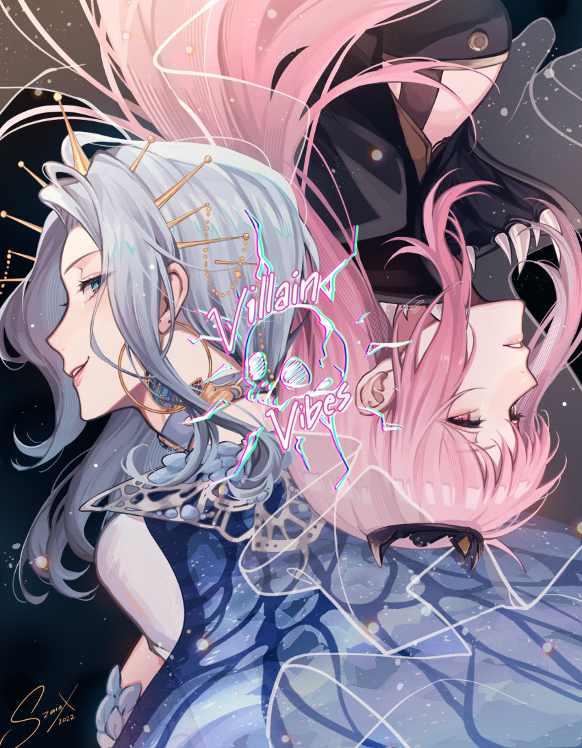 2girls, black_cape, blue_cape, blue_eyes, cape, from_side, hair_behind_ear, headdress