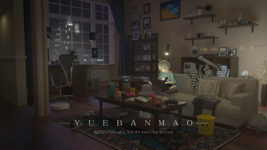 1girl, absurdres, ahoge, aqua_shirt, artist_name, bag, black_footwear, book, book_stack, bookshelf, bucket, can, chair, coca-cola, commentary_request, computer, controller, couch, curtains, dated, desk, english_text, game_controller, highres, indoors, laptop, lay's, living_room, open_book, original, photo_(object), pillow, portrait_(object), scenery, shirt, shoes, shoes_removed, short_hair, short_sleeves, sitting, sneakers, soda_can, solo, table, telescope, watermark, white_hair, window, yuebanmao