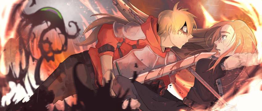 1boy, 1girl, absurdres, arm_belt, armor, battle, belt, black_gloves