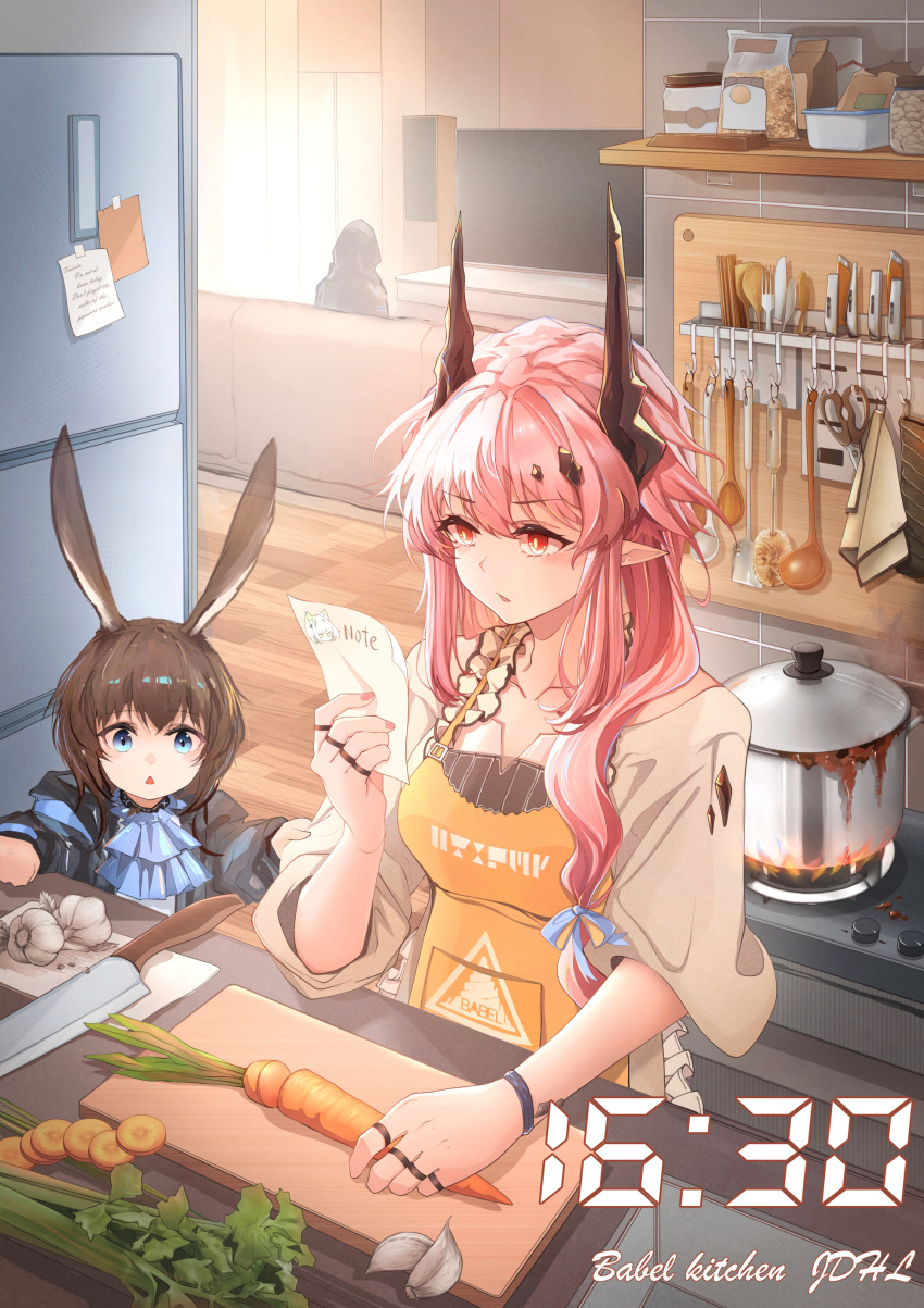 1other, 2girls, absurdres, amiya_(arknights), animal_ears, apron, arknights, blue_eyes, carrot, commentary_request, cooking, demon_girl, demon_horns, doctor_(arknights), english_text, highres, horns, jueduihuoli, kitchen, kitchen_knife, long_hair, multiple_girls, oripathy_lesion_(arknights), pink_hair, rabbit_ears, rabbit_girl, red_eyes, refrigerator, stove, theresa_(arknights)
