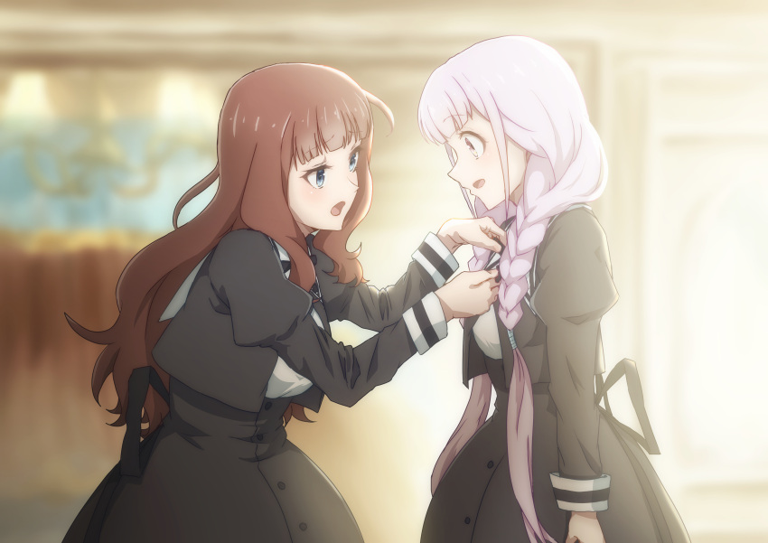 2girls, absurdres, adjusting_another's_clothes, adjusting_neck_ribbon, ahoge, arm_at_side, assault_lily, bangs