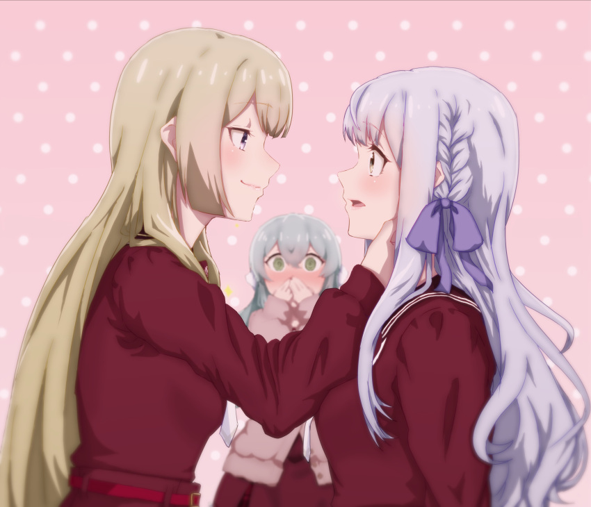 3girls, absurdres, arm_at_side, assault_lily, bangs, belt, belt_buckle, blonde_hair