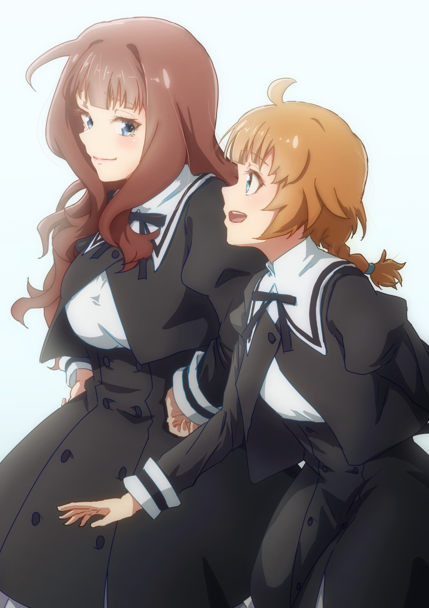 2girls, absurdres, ahoge, arm_behind_back, assault_lily, bangs, black_ribbon, black_skirt