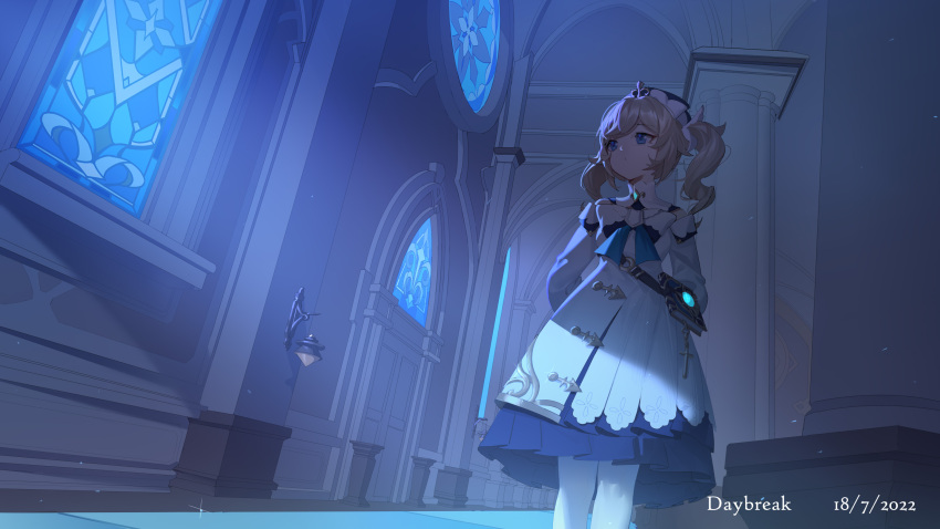 1girl, bangs, barbara_(genshin_impact), blonde_hair, blue_eyes, commentary_request, dated, dress