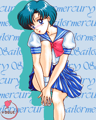 blue_eyes, green_hair, looking_at_viewer, lowres, mizuno_ami, open_mouth, own_hands_together, pixel_art, ribbon, school_uniform, short_hair, sitting, vogue