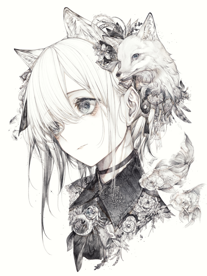 1girl, absurdres, animal_ears, bird, fox, gold_fish, hair_between_eyes, highres, hito_komoru, original, upper_body, white_hair
