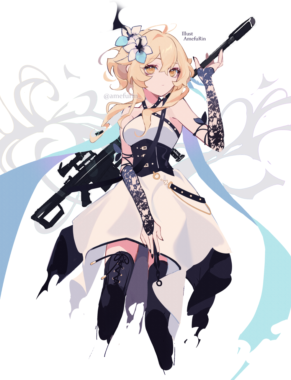 1girl, amefurin, arm_up, bangs, bare_shoulders, belt, black_thighhighs, blonde_hair