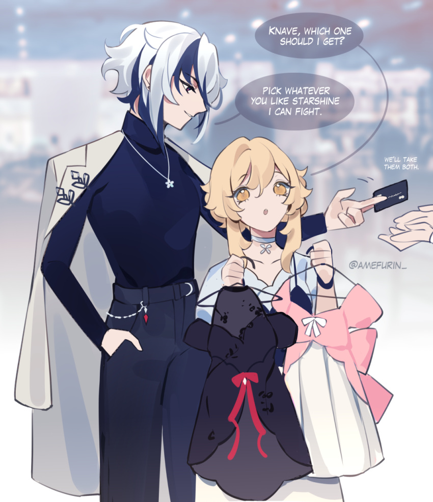 2girls, amefurin, arlecchino_(genshin_impact), black_card, black_eyes, blonde_hair, breasts, card