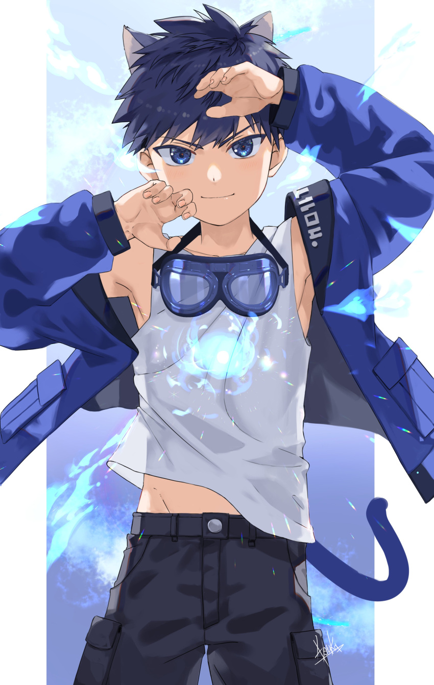 1boy, absurdres, animal_ears, asuka_shirou, bangs, blue_eyes, blue_hair, blue_jacket