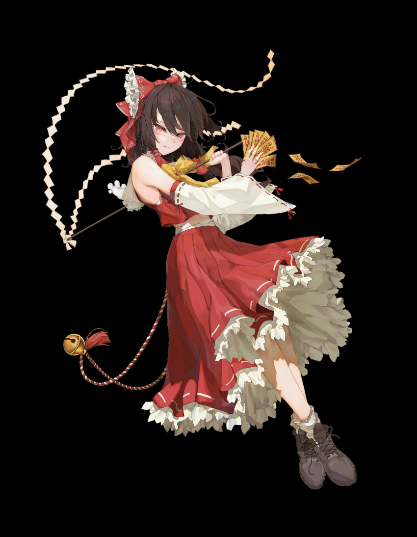 1girl, absurdres, alternate_eye_color, arms_up, bandages, bangs, bare_shoulders, bell, black_background, boots, bow, bowtie, brown_hair, closed_mouth, collared_shirt, detached_sleeves, english_commentary, fingernails, flying, frills, gohei, grey_footwear, hair_between_eyes, hair_ornament, hair_tubes, hakurei_reimu, hands_up, highres, long_hair, long_sleeves, looking_at_viewer, nail_polish, navel, ofuda, pink_eyes, pink_nails, prm647, red_bow, red_shirt, red_skirt, sarashi, shirt, simple_background, skirt, smile, socks, solo, teeth, touhou, white_socks, wide_sleeves, yellow_bow, yellow_bowtie