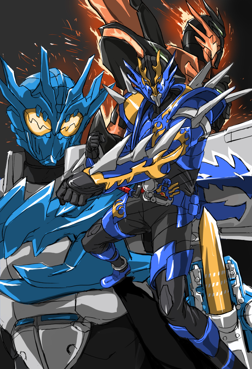 1boy, abs, armor, asymmetrical_armor, aura, belt, black_armor, black_bodysuit