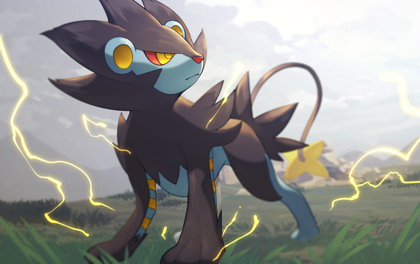 closed_mouth, colored_sclera, commentary_request, day, electricity, grass, looking_to_the_side, luxray, naoki_eguchi, no_humans, outdoors, pokemon, pokemon_(creature), red_sclera, solo, standing, yellow_eyes, yellow_pupils