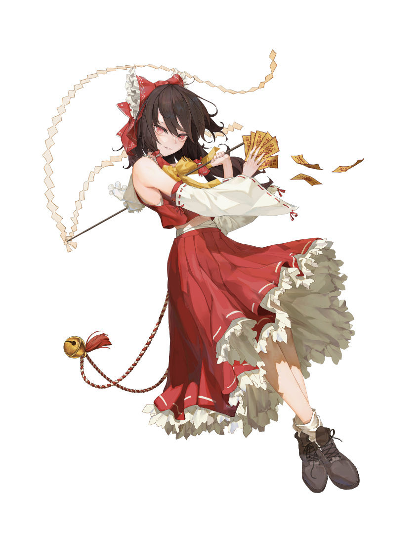 1girl, absurdres, alternate_eye_color, arms_up, bandages, bangs, bare_shoulders, bell