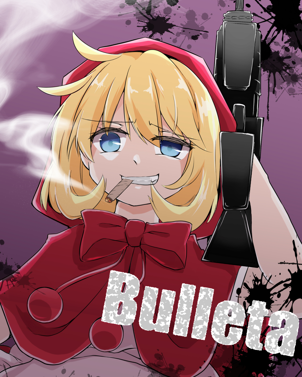 1girl, blonde_hair, blue_eyes, bulleta, capelet, cigarette, commentary_request, highres