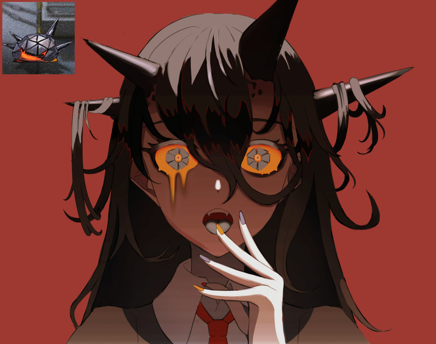 1girl, arknights, collared_shirt, colored_sclera, dripping_eye, e7e6d2, grey_hair, grey_tongue, highres, horns, multicolored_nails, nail_polish, necktie, open_mouth, orange_eyes, orange_sclera, originium_slug_(arknights), oripathy_lesion_(arknights), personification, red_background, red_necktie, shirt, symbol-shaped_pupils, tongue, tongue_out