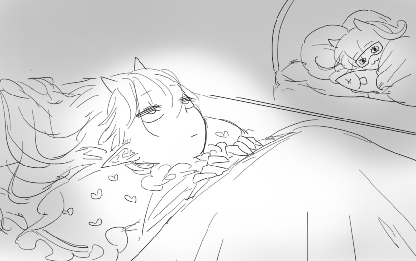 2girls, 556_(rzrv7332), animal_ears, bed, bed_sheet, cat_ears, cat_girl, draculina_(last_origin)