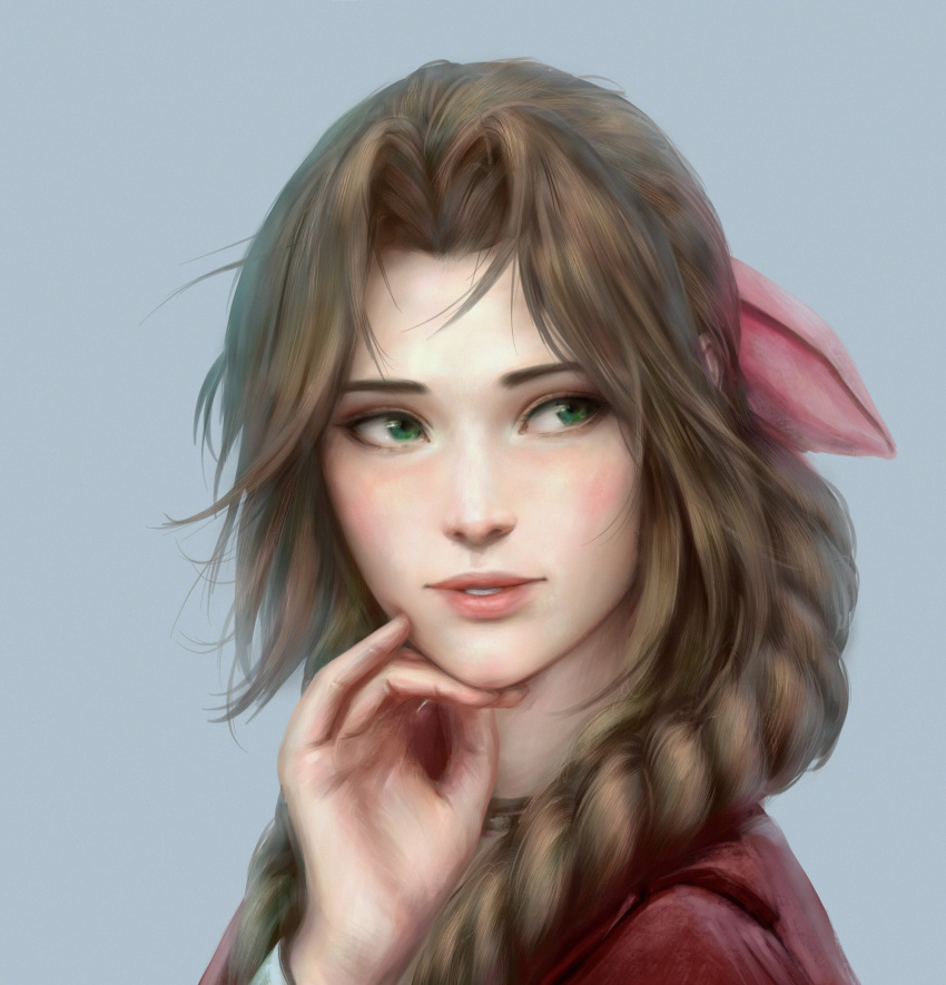 1girl, aerith_gainsborough, bangle, bangs, bracelet, braid, braided_ponytail, brown_hair