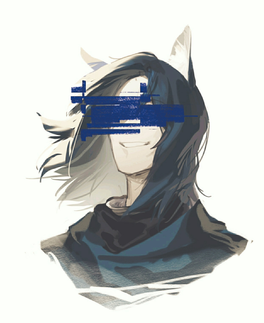 1boy, animal_ear_fluff, animal_ears, arknights, black_hair, censored, guisha, highres