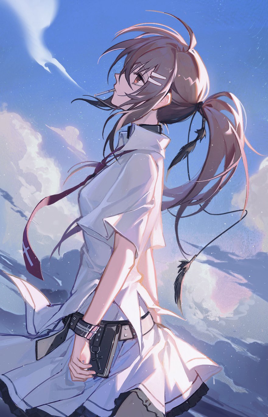 1girl, ahoge, bangs, belt, belt_pouch, black_belt, black_bracelet, black_choker