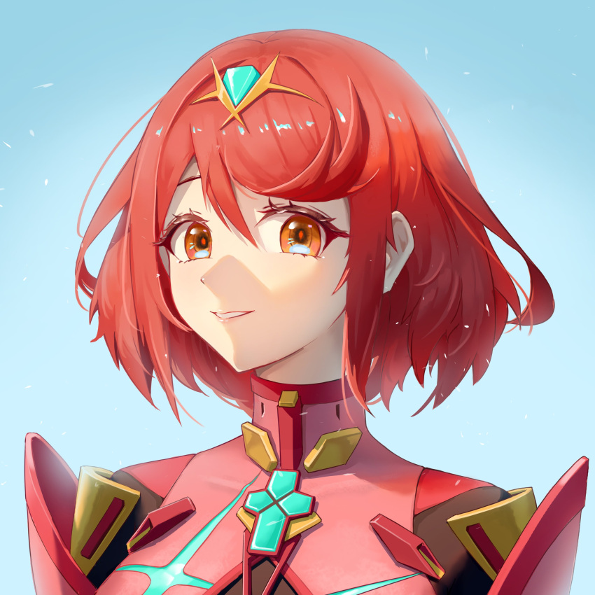 1girl, absurdres, auxar, bangs, blue_background, bodysuit, eyebrows_hidden_by_hair, hair_behind_ear, highres, looking_at_viewer, orange_eyes, parted_lips, portrait, pyra_(xenoblade), red_bodysuit, redhead, short_hair, smile, solo, xenoblade_chronicles_(series), xenoblade_chronicles_2