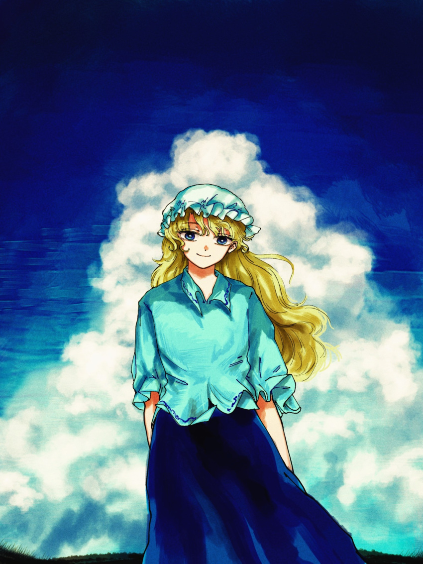 1girl, alternate_costume, bangs, blonde_hair, blue_dress, blue_eyes, blue_shirt, blue_sky
