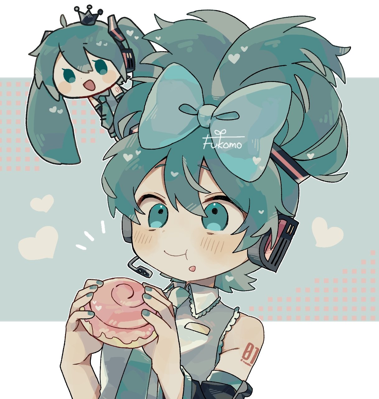 2girls, :d, :t, ahoge, alternate_hairstyle, aqua_eyes, aqua_hair, aqua_nails